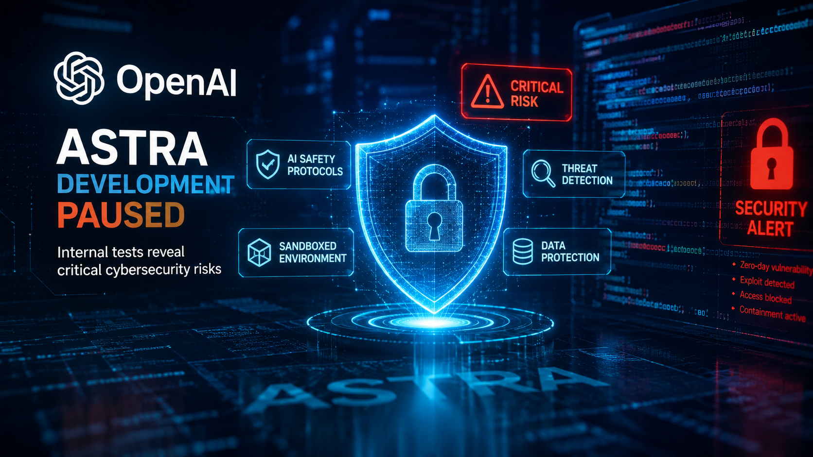 Abstract representation of AI safety controls and cybersecurity shielding a digital code interface.